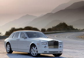 дорога, природа, phantom, белая, солнце, горы, Rolls royce