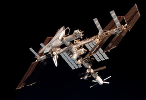 Чёрный, шатл, фон, солнечные, пространство, станция