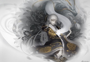 кимоно, узор, monono, Арт, цветы, девушка, дракон, веер