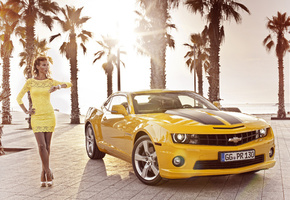 camaro, Chevrolet, girl cars, камаро, 2012, пальмы, девушка, шевроле