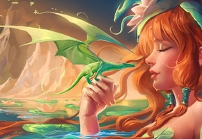 кувшинки, Арт, скалы, драконы, пруд, девушка, sakimichan