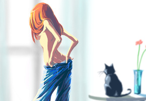 рыжие волосы, Девушка, ваза, цветы, кот