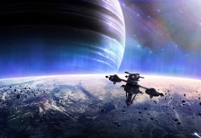 Планета, метеориты, корабль, сияние