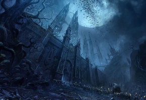 Замок, луна, войско, пленники, мрак, воин