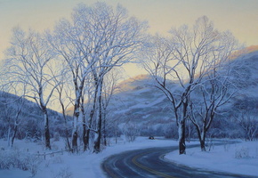 winter, trees, car, Park city, painting, lushpin, art, road, snow, evening, eugeny lushpin