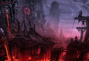 Город, лава, мрачность, люди, башни, пропасть