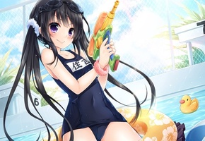 очки, Sumiyoshi nana, девочка, пистолет, вода, бассейн