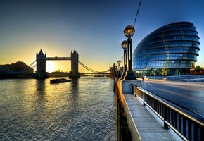 london, Tower bridge, england, city hall, sunrise, morning, англия, river, thames, uk