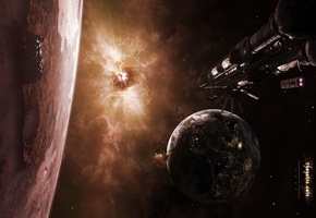 поверхность, спутник, Планета, spaceships, кратеры