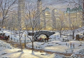 зима, bridge, winter, живопись, river, art, robert finale, Winters eve, snow, painting