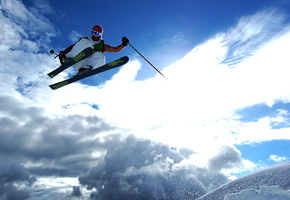 снег, лыжи, Солнце, прыжок