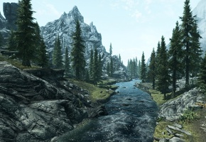 деревья, горы, The elder scrolls v skyrim, пейзаж, река