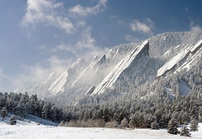 зима, лес, Скалы, снег, горы