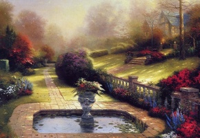 кинкейд, , домик, Thomas kinkade, пруд, лето, коттедж, цветы