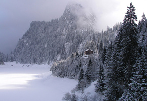 Зима, лес, горы, домик