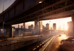 дороги, здания, Фантастика, город, рисунок, машины