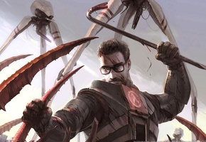 кровь, Half-life 2, монстры, битва, мужчина, очки