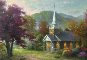 thomas kinkade, flowers, paintig, nature, сhapel, Streams of living water