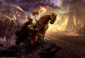 before the battle, секира, доспехи, targete, Воин, конь