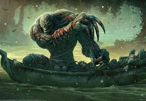 трупы, лес, лодка, весло, кровь, kerem beyit, монстр, Арт