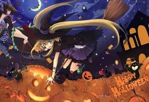 тыквы, шляпы, ведьмы, метлы, девушки, Аниме, конфеты