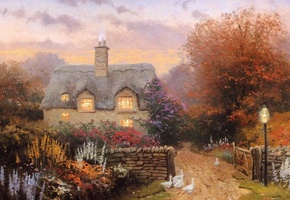 цветы, коттедж, Thomas kinkade, кинкейд, домик, гуси, закат