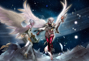 Lineage 2, kamael, горы, девушки, посох, уши, арбалет, крылья