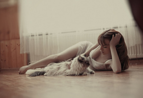 кот, лежат, Девушка