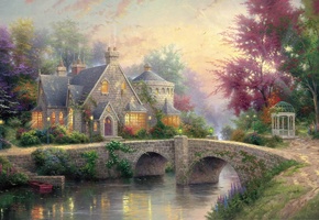 cottage, Lamplight manor, art, thomas kinkade, lamps, manor, river, painting, bridge, colorful