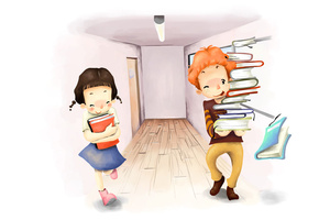 Рисунок, помощь, смущение, мальчик, румянец, девочка