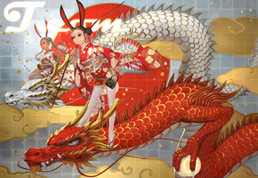 девушки, драконы, рисунок, Takayama toshiaki, уши, зайчики