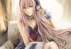 диван, vocaloid, девушка, cj man, megurine luka, Арт, наушники