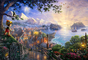 art, Thomas kinkade, 50-th anniversary, the disney dreams collection, pinocchio wishes upon a star