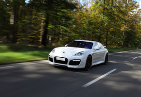 белый, дорога, Деревя, porsche, скорость