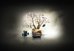 dilshan arukatti, рыба, дерево, сакура, Кресло, immersive-garden, рыбки