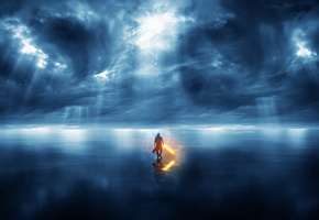 свет, отражение, облака, Войн, warrior, sea, небо, вода, море