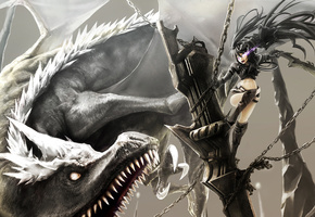 Black rock shooter, оружие, цепи, kuroi mato, девушка, дракон