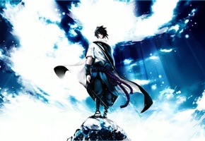 лучи, uchiha sasuke, sharingan, камень, наруто, Naruto, небо, саске