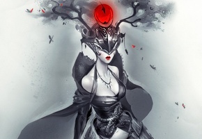 Арт, sakimichan, девушка, красное, шлем, черно-белое, рога