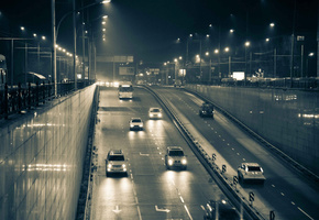 Город, вьезд в тонель, ночь, свет, машины, фары