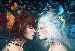 девушка, бабочки, парень, akubaka, Арт