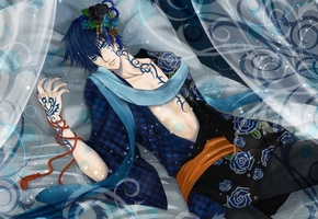 татуировка, кимоно, парень, kaito, постель, тату, Vocaloid