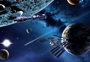 корабли, рендер, Космос, планеты, арт