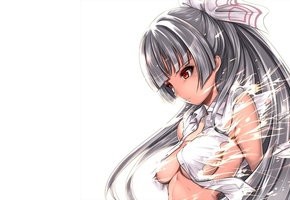 девушка, fujiwara no mokou, белый фон, обрывки, saburou, touhou, Арт