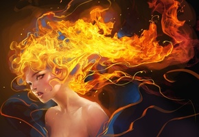 вампир, огонь, Sakimichan, девушка, клыки