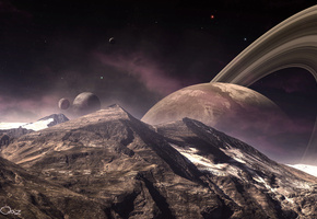 кольца, ландшафт, пик, Горы, планета, спутники