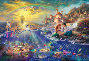 neptune, thomas kinkade, The little mermaid, painting, walt disney pictures, princess, ariel