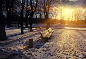 Город, скамья, весна, парк, закат