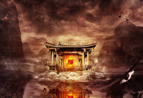 отражение, эмблема, Desktopography, цапля, искры, храм, огонь