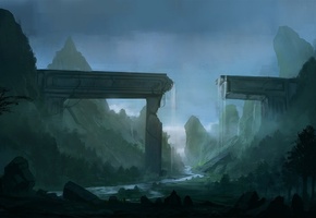 blinck, скалы, Арт, пейзаж, река, сооружение, горы, водопад